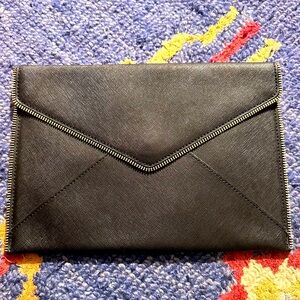 REBECCA MINKOFF Saffiano Leather LEO Envelope Clutch Purse Black W/Gold Zipper